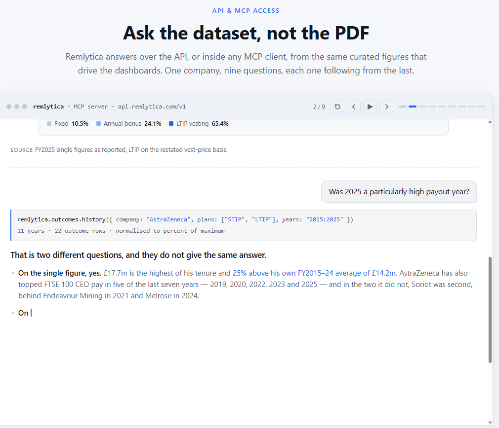 The API and MCP demo answering nine questions about AstraZeneca